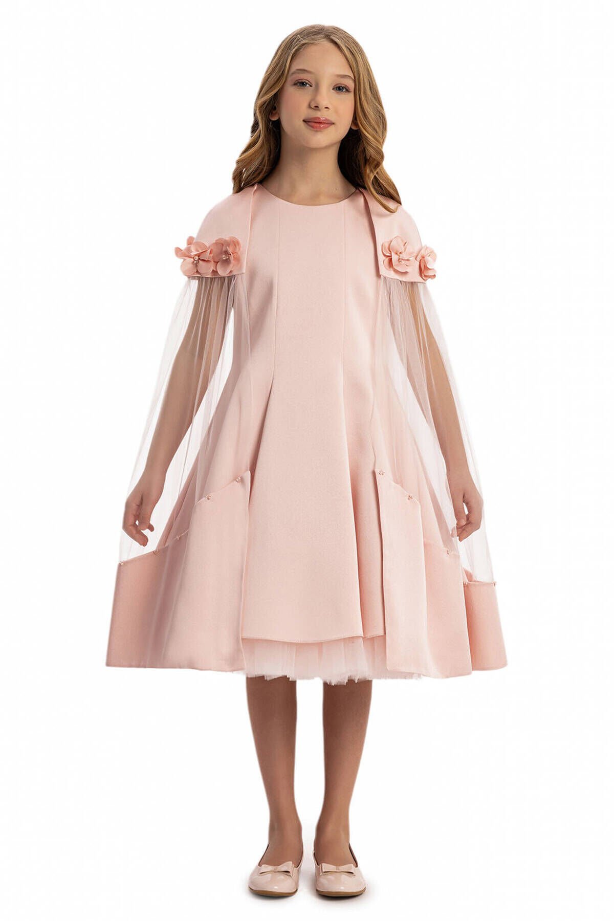 Tül Kollu Pudra Elbise