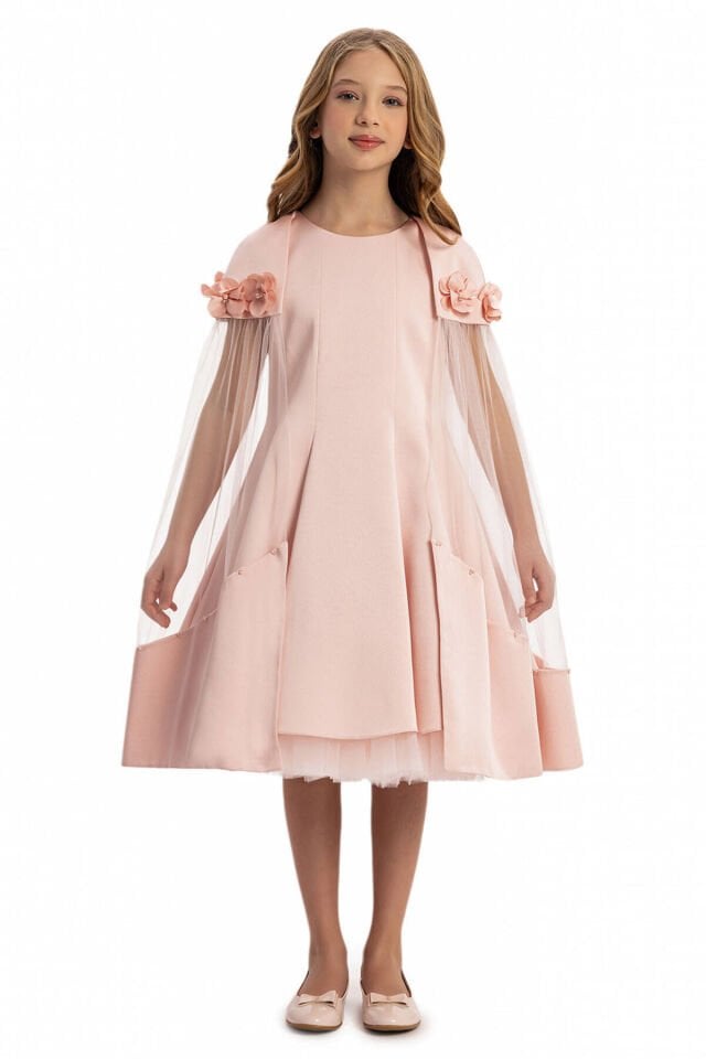 Tül Kollu Pudra Elbise