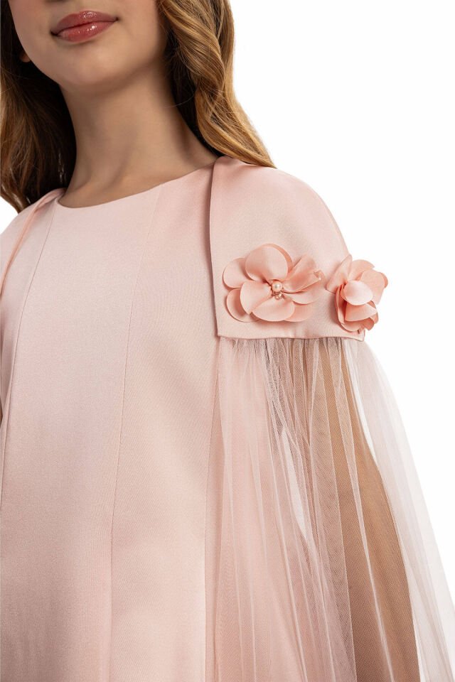 Tül Kollu Pudra Elbise