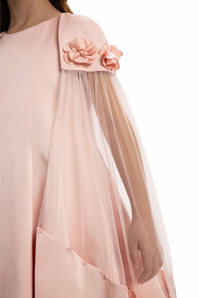 Tül Kollu Pudra Elbise