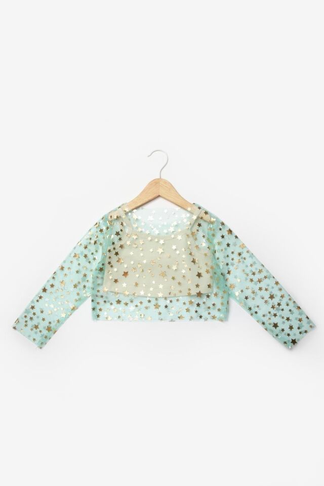 Mint Yıldızlı Uzun Kollu Tül Crop