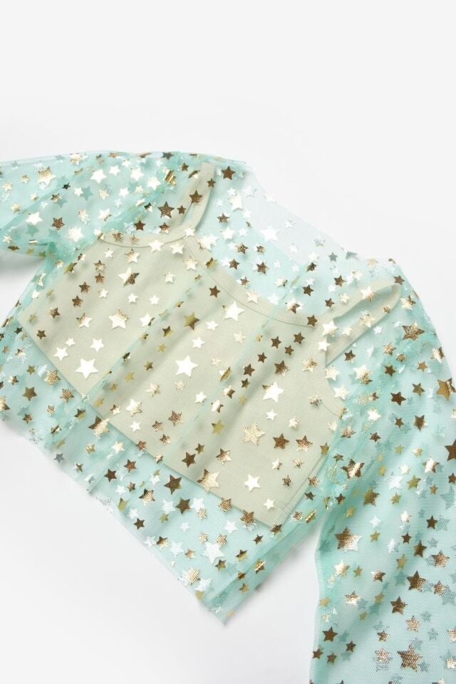 Mint Yıldızlı Uzun Kollu Tül Crop