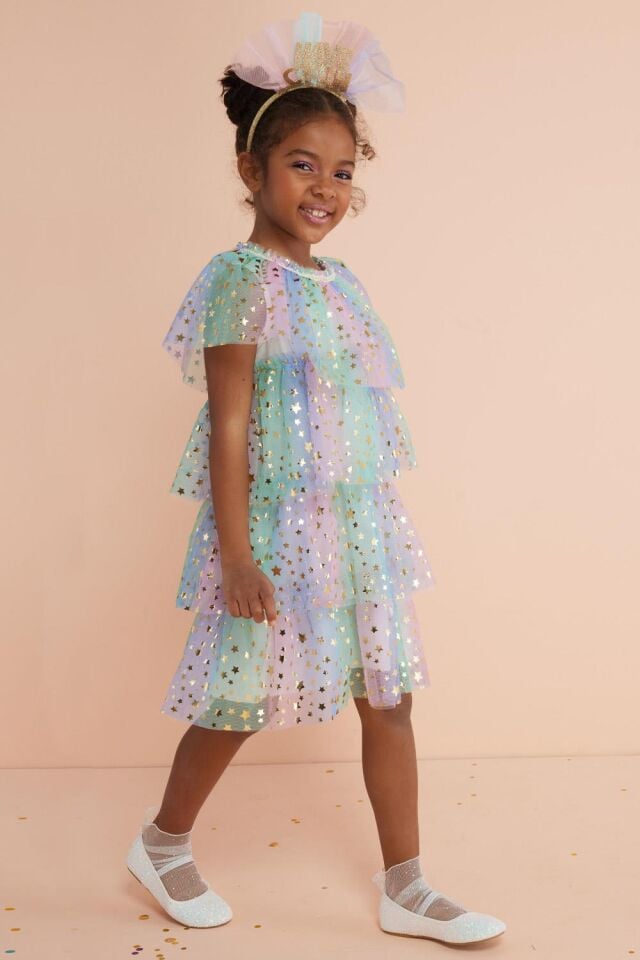 Renkli Yıldız Baskı Tül Elbise