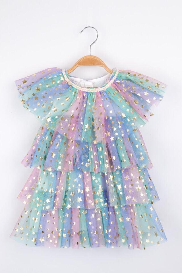 Renkli Yıldız Baskı Tül Elbise