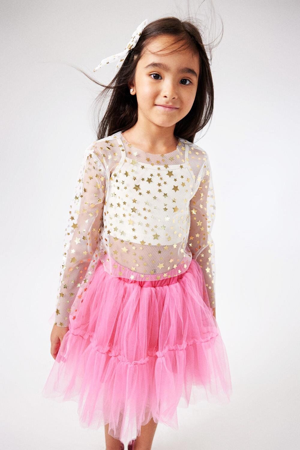 Ekru Yıldızlı Uzun Kollu Tül Crop