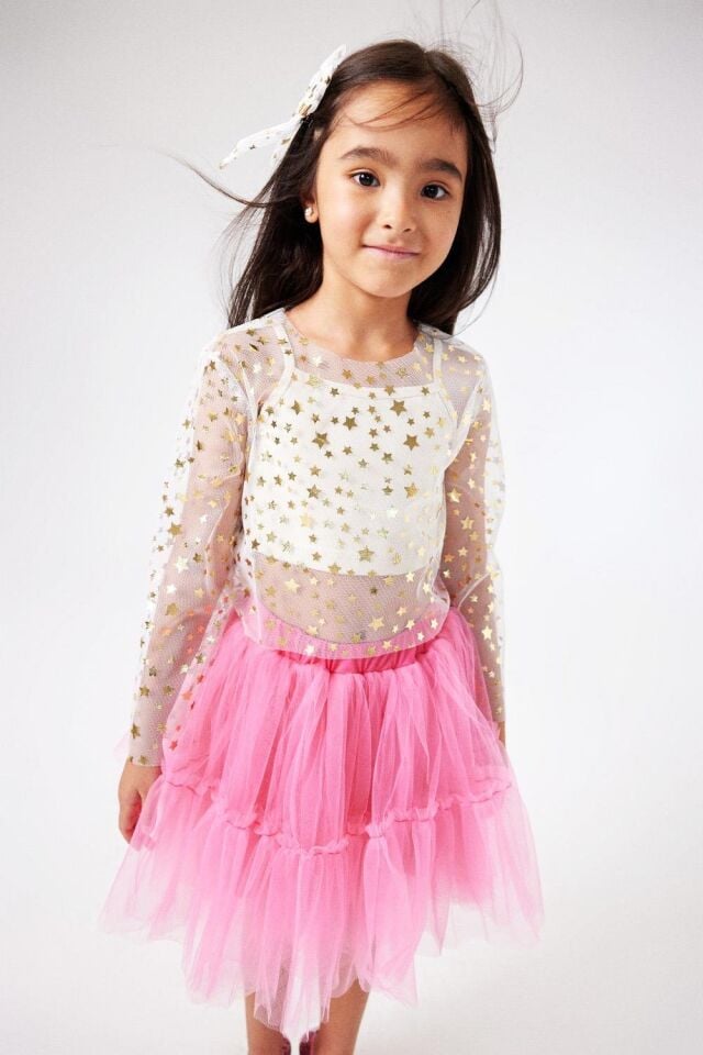 Ekru Yıldızlı Uzun Kollu Tül Crop