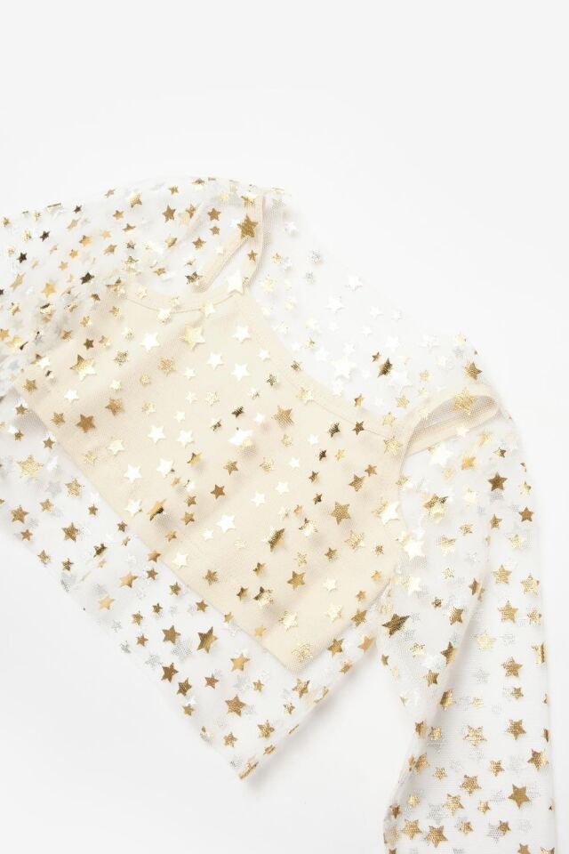 Ekru Yıldızlı Uzun Kollu Tül Crop