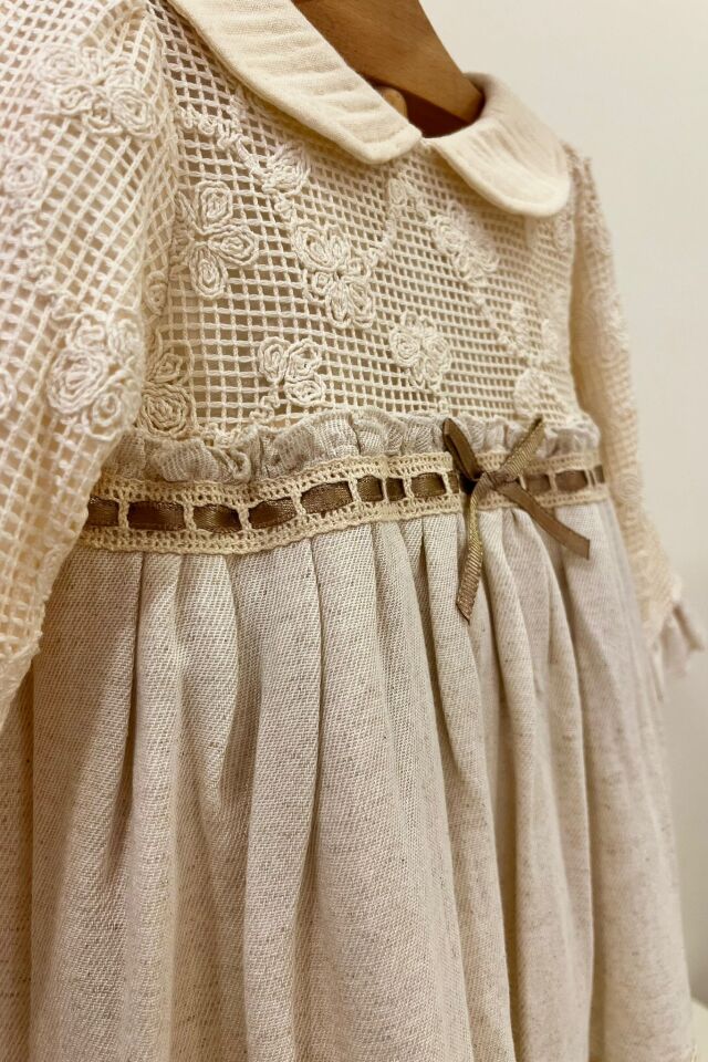 Dantel Roba Keten Elbise - Bej