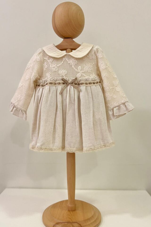 Dantel Roba Keten Elbise - Bej