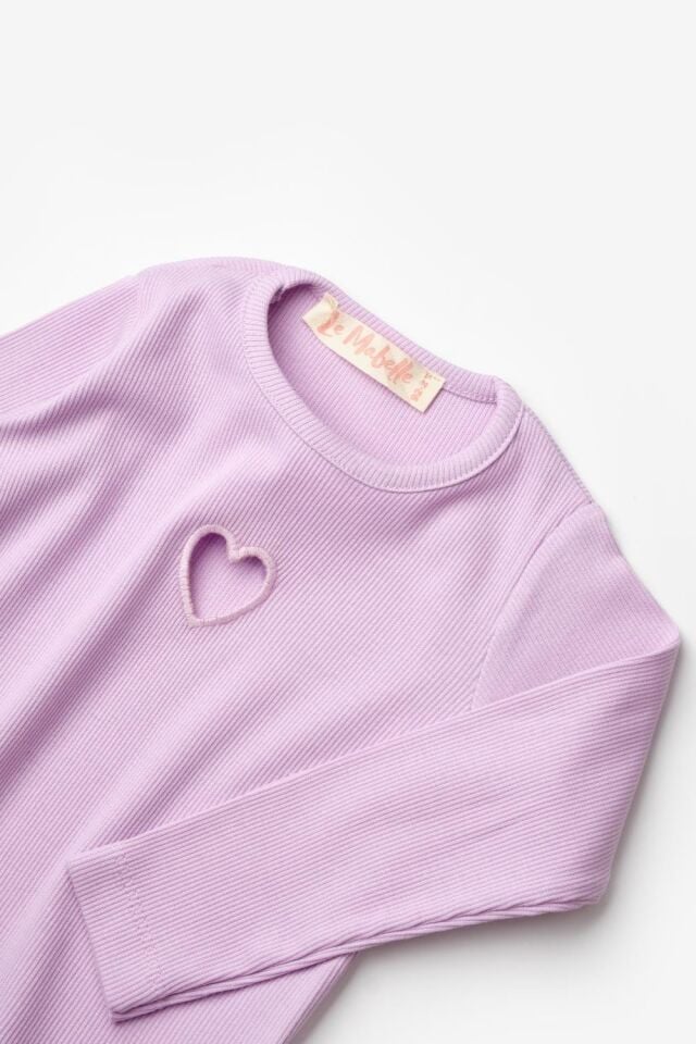 Lila Uzun Kol Kalp Nakış Tişört