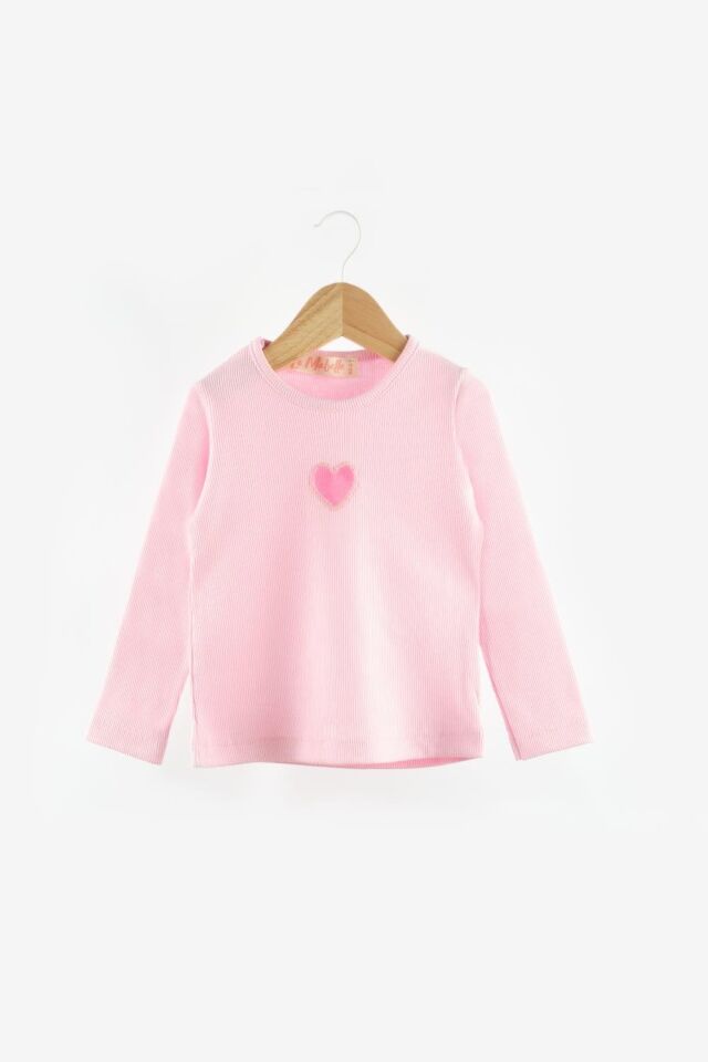 Pembe Uzun Kol Kalp Nakış Tişört