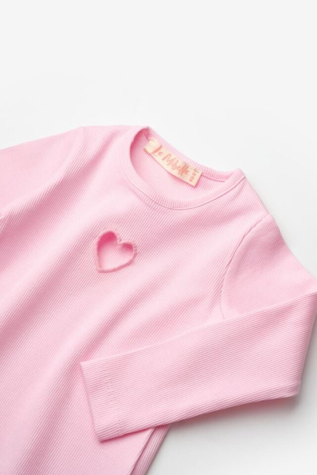 Pembe Uzun Kol Kalp Nakış Tişört