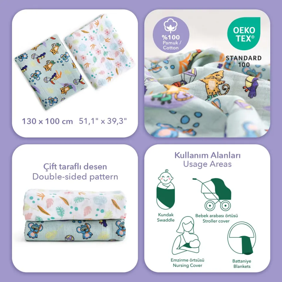 Müslin Örtü 2li Set - Jungle Friends