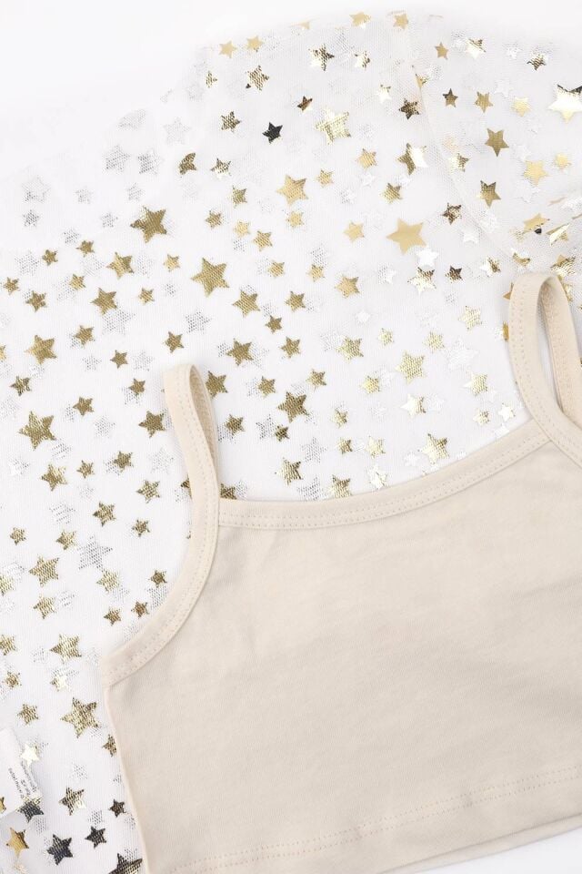 Ekru Yıldız Baskılı Tül Crop