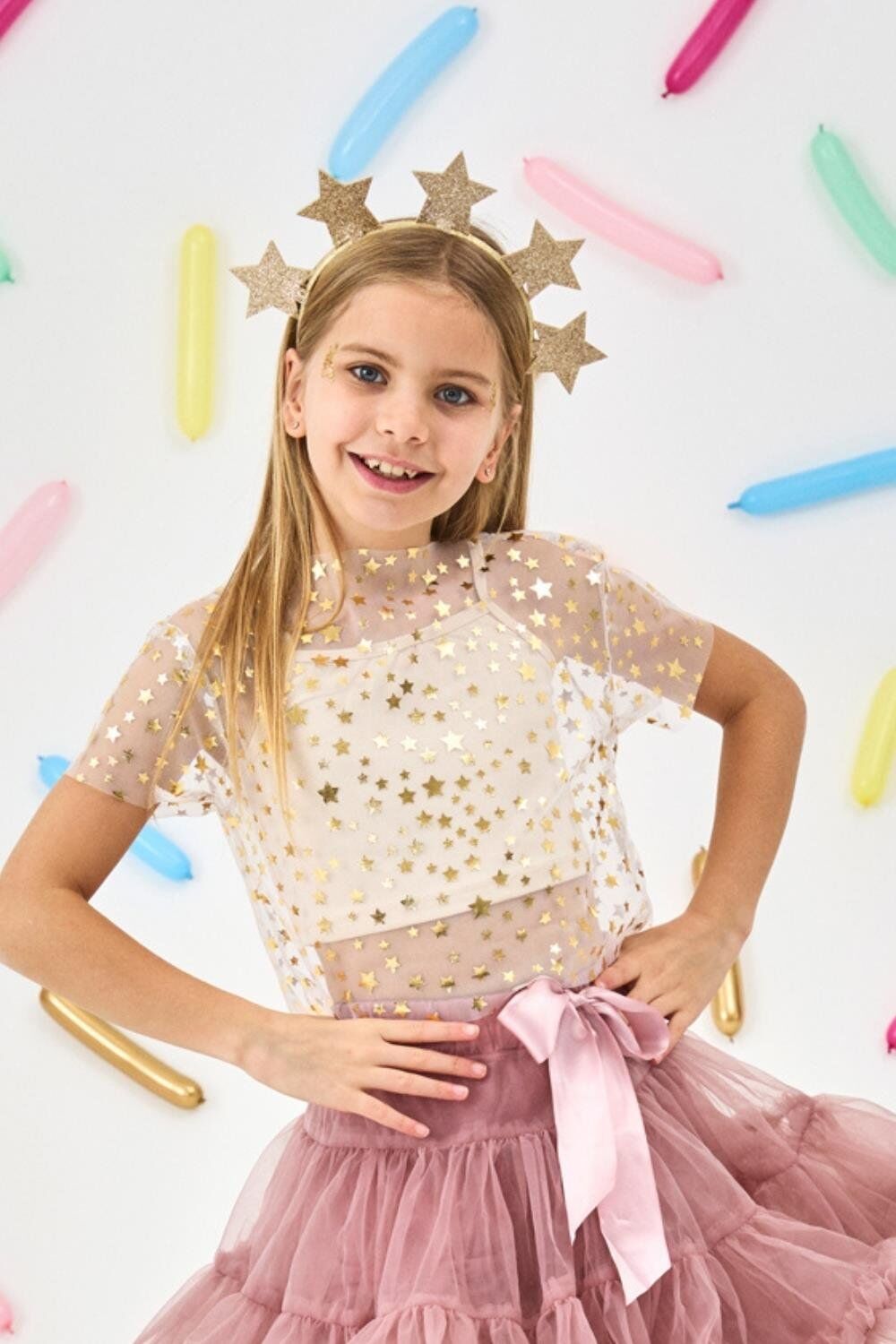 Ekru Yıldız Baskılı Tül Crop