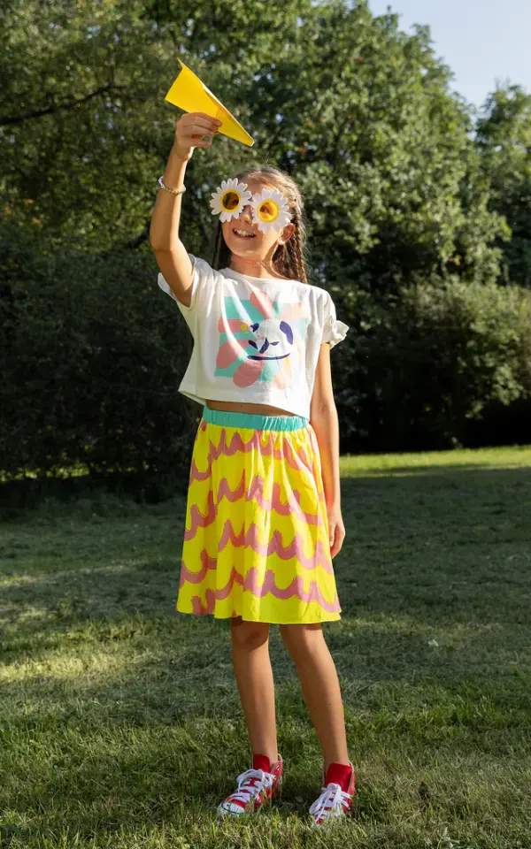 Pembe Zigzag Çizgili Sarı Etek