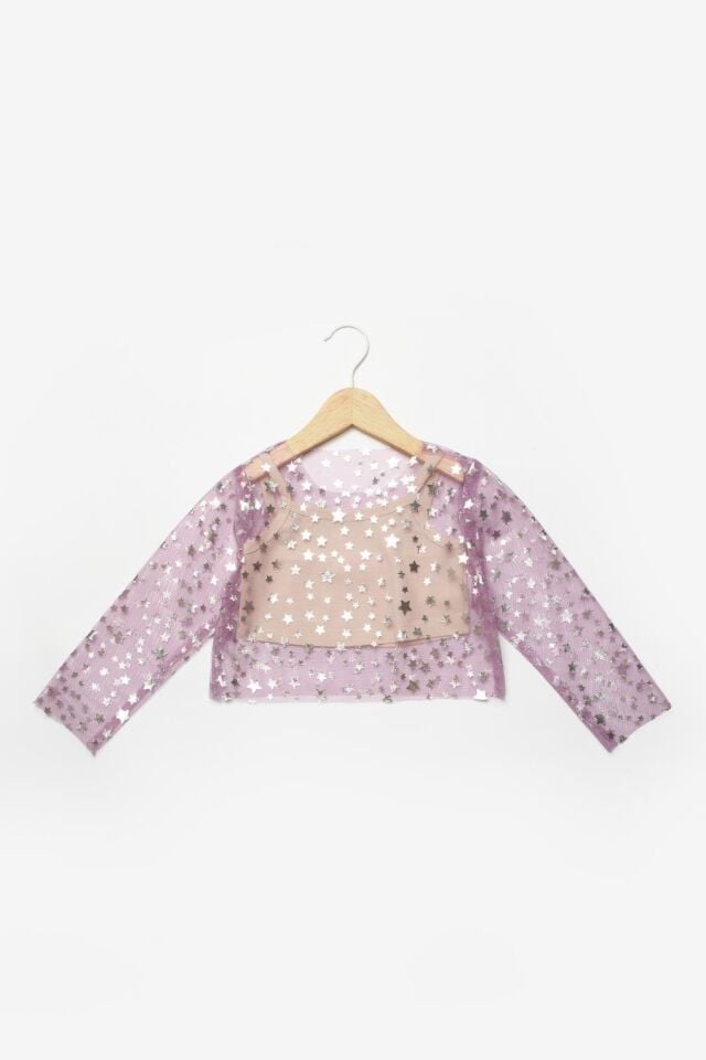 Lila Yıldızlı Uzun Kollu Tül Crop