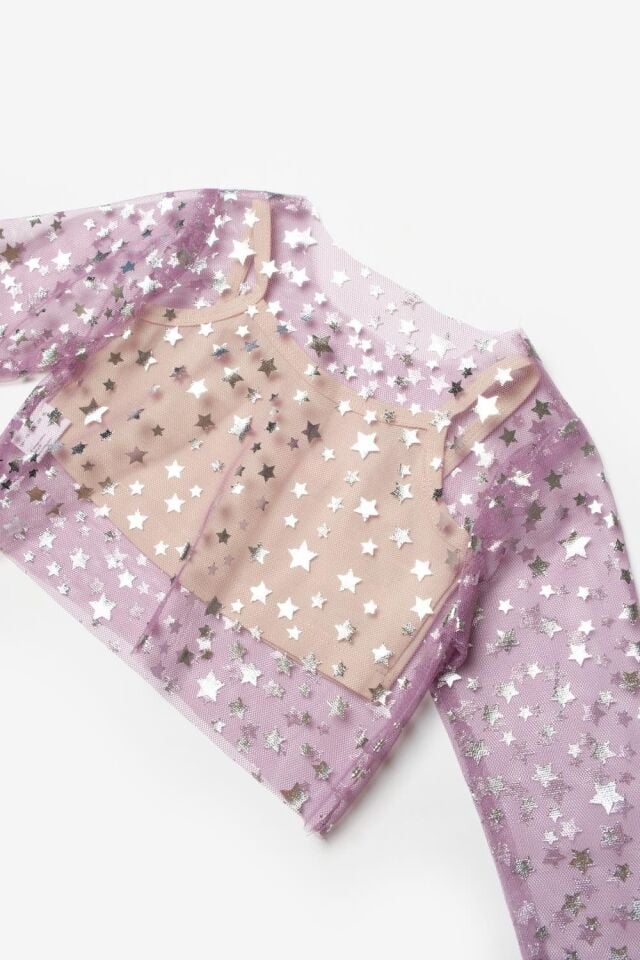 Lila Yıldızlı Uzun Kollu Tül Crop