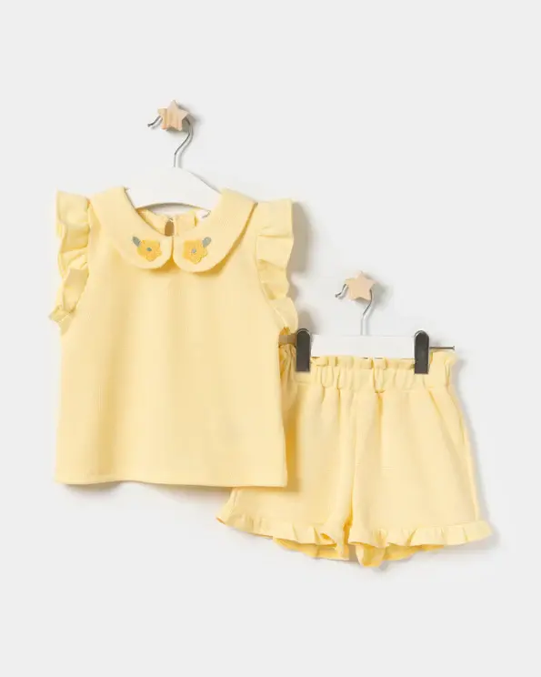 Waffle Brodeli Takım (Sarı Çiçekli)