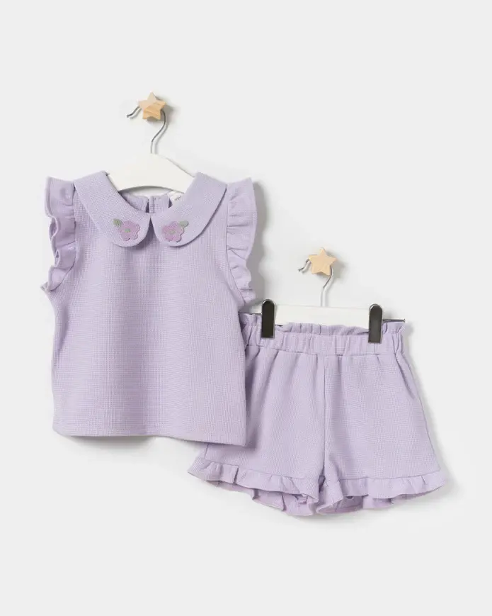 Waffle Brodeli Takım (Lila Çiçekli)
