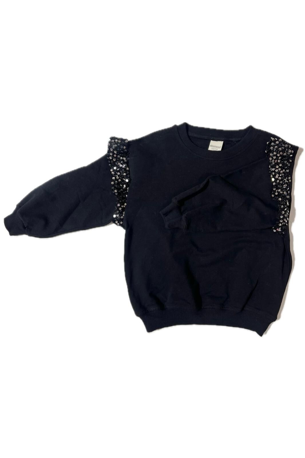 Pullu Kolları Fırfırlı Sweat (Siyah)