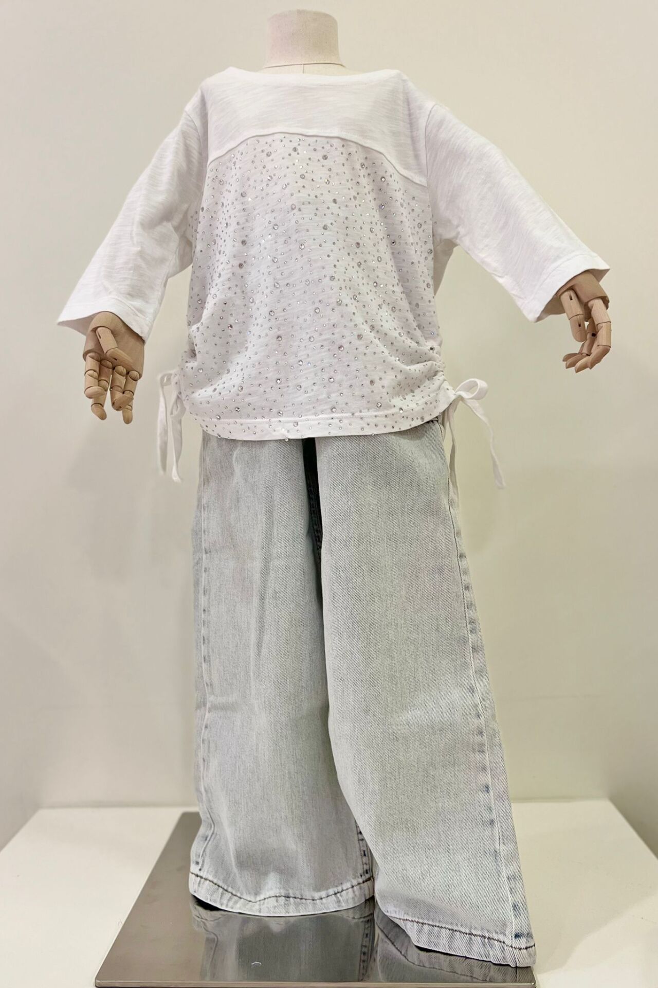 Taşlı Büzgülü Bluz (Beyaz)