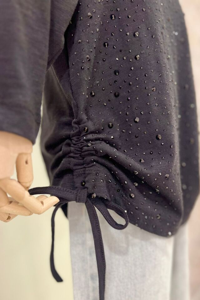 Taşlı Büzgülü Bluz (Siyah)