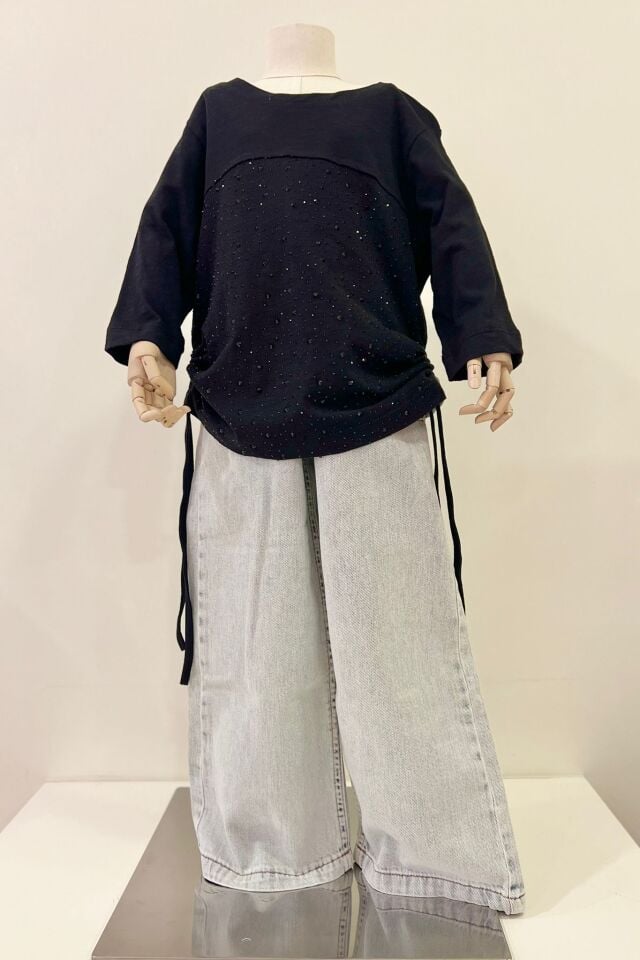 Taşlı Büzgülü Bluz (Siyah)