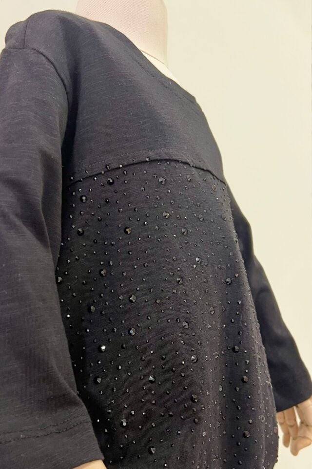 Taşlı Büzgülü Bluz (Siyah)