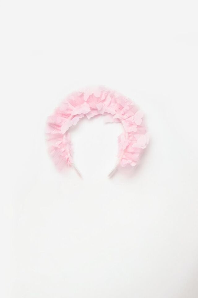 Pembe Kelebek Nakış Tül Taç