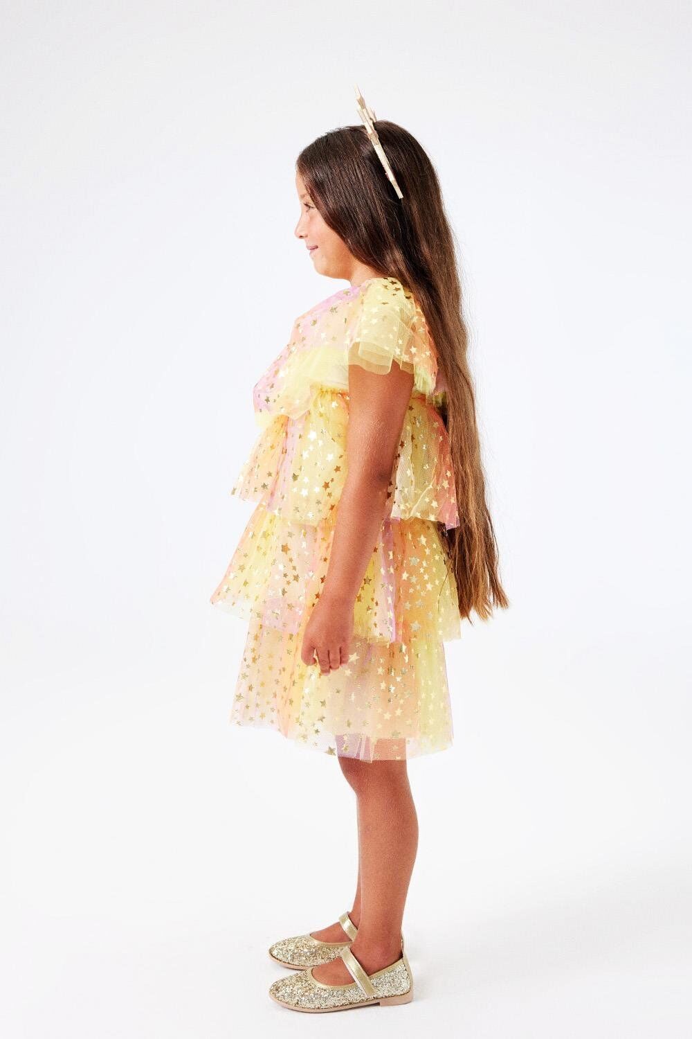 Sarı Yıldız Baskı Tül Elbise