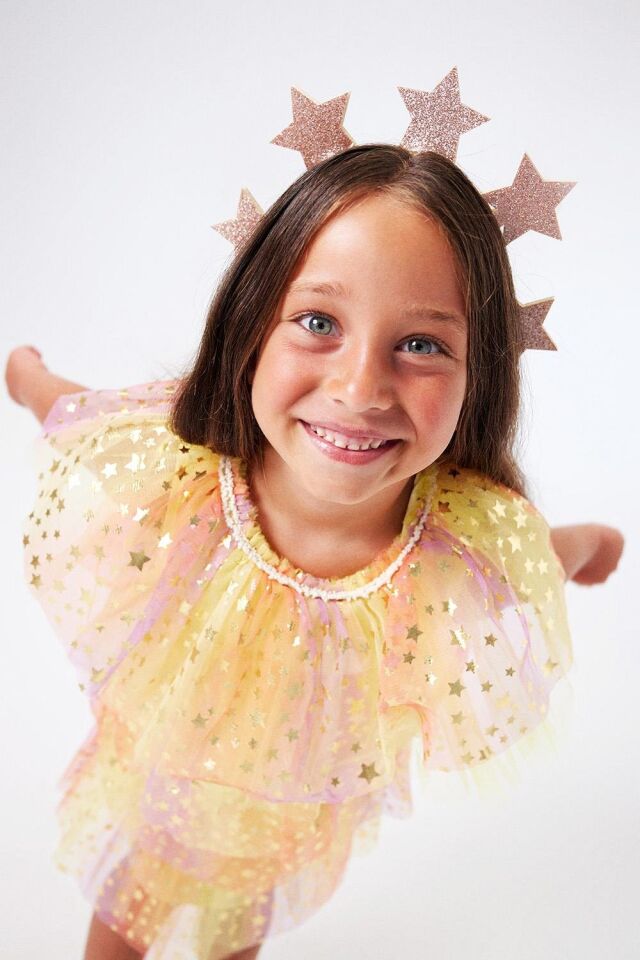 Sarı Yıldız Baskı Tül Elbise