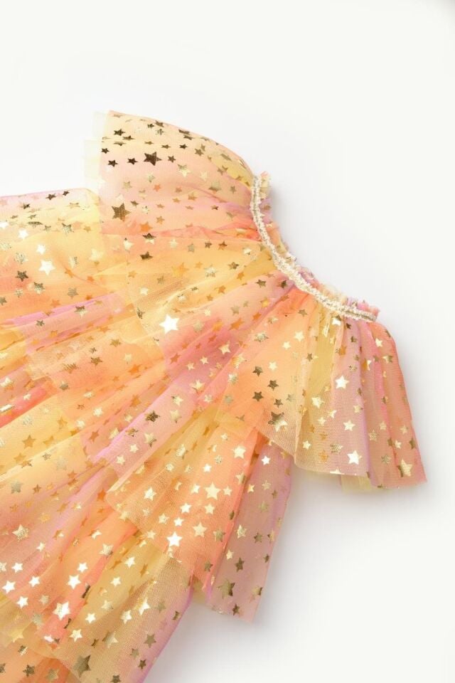 Sarı Yıldız Baskı Tül Elbise