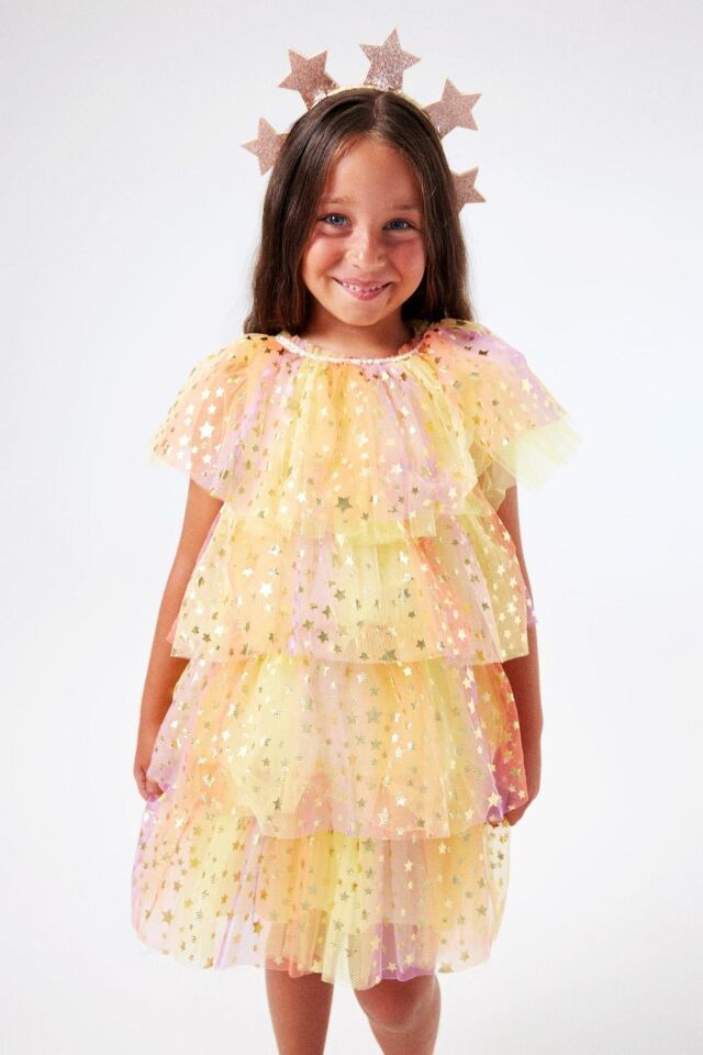 Sarı Yıldız Baskı Tül Elbise