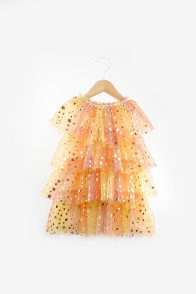 Sarı Yıldız Baskı Tül Elbise