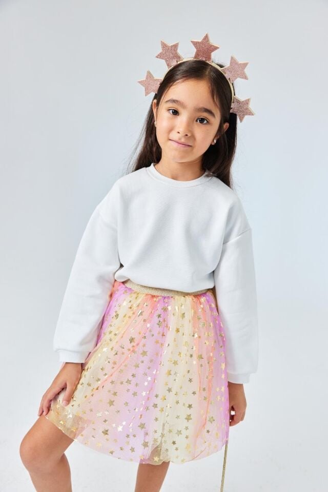 Sarı Yıldız Baskılı Tül Etek