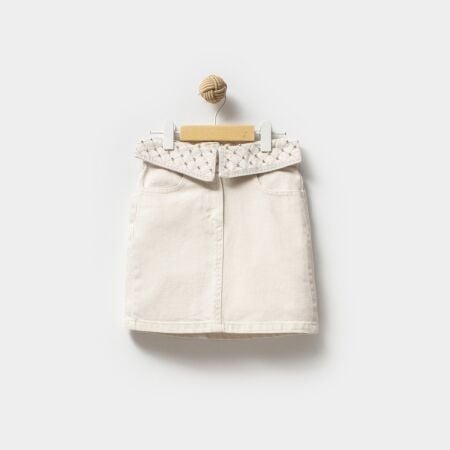 Beli Taşlı Kot Etek Bej