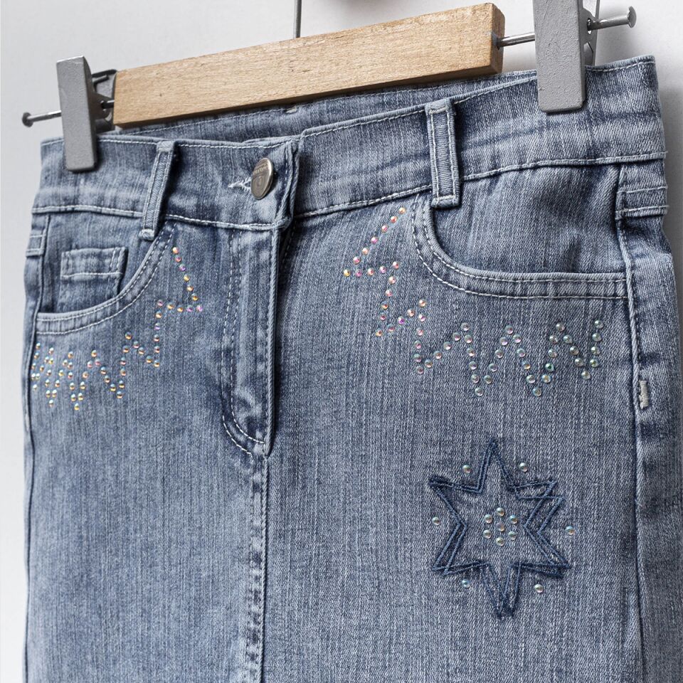 Yıldız Taş Baskılı Kot Etek