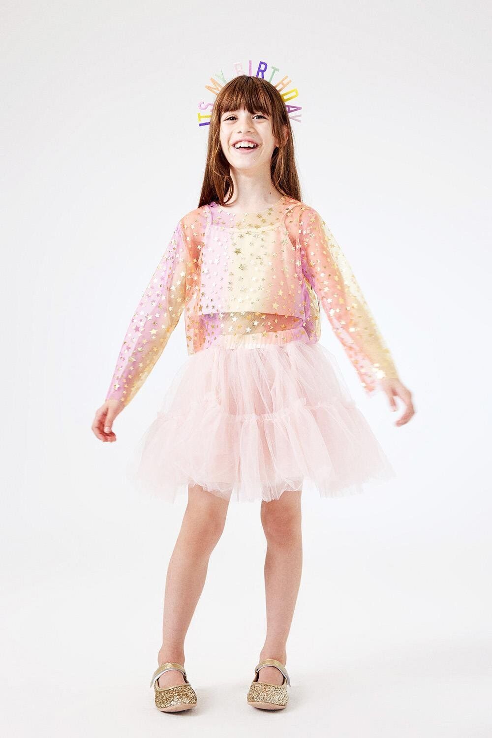 Sarı Yıldızlı Uzun Kollu Tül Crop