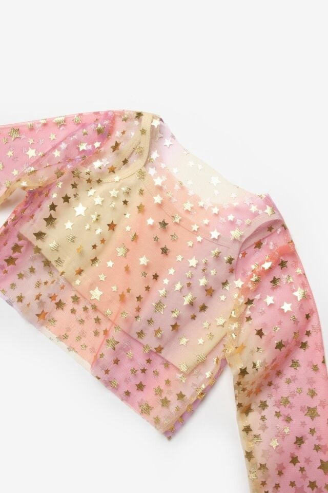 Sarı Yıldızlı Uzun Kollu Tül Crop