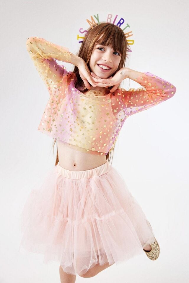 Sarı Yıldızlı Uzun Kollu Tül Crop