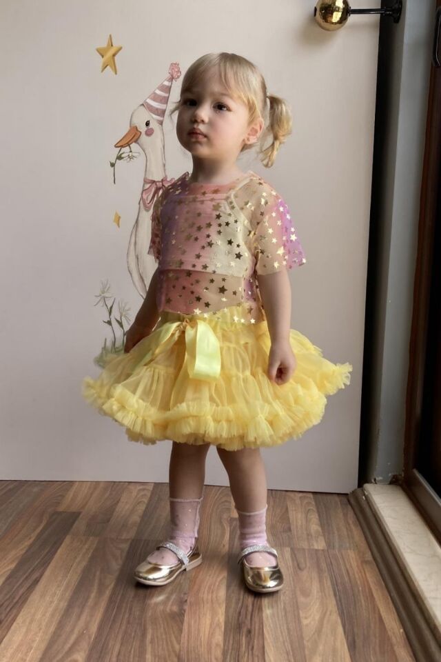 Sarı Yıdız Baskılı Tül Crop