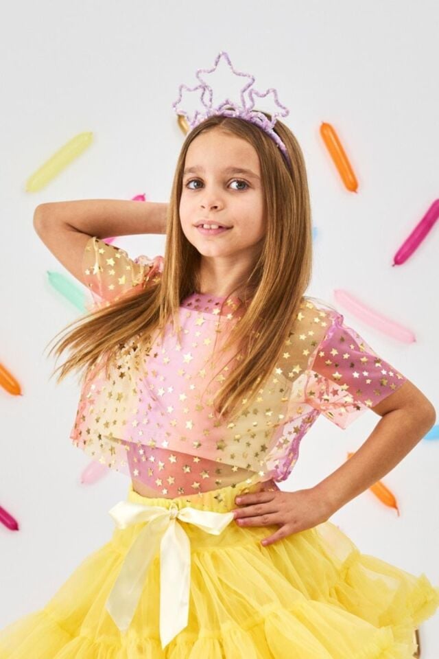 Sarı Yıdız Baskılı Tül Crop