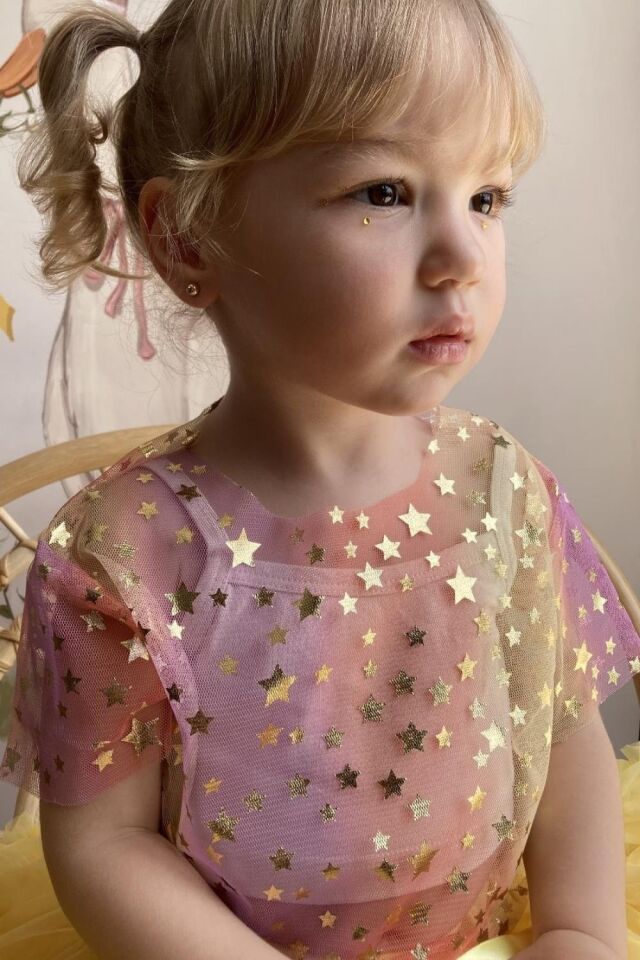 Sarı Yıdız Baskılı Tül Crop