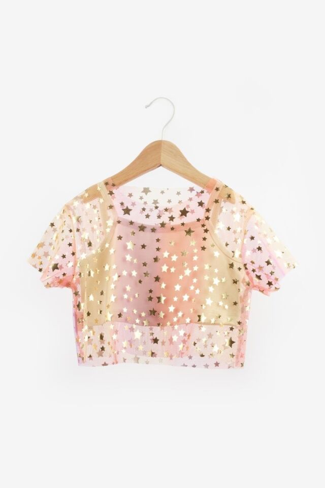 Sarı Yıdız Baskılı Tül Crop