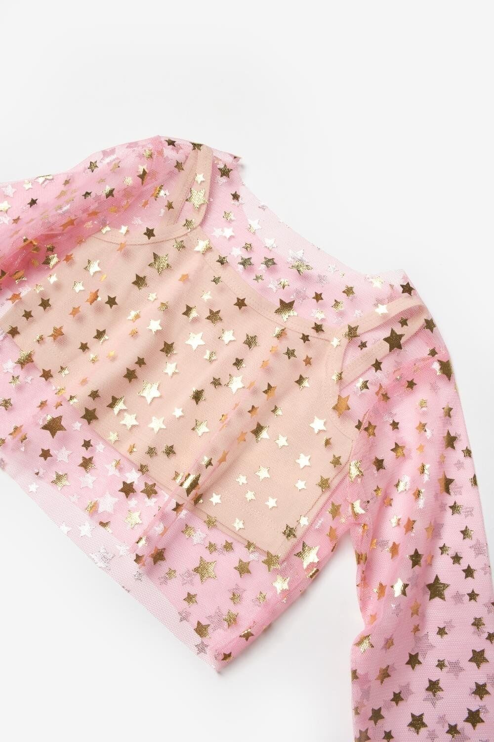 Pembe Yıldızlı Uzun Kollu Tül Crop