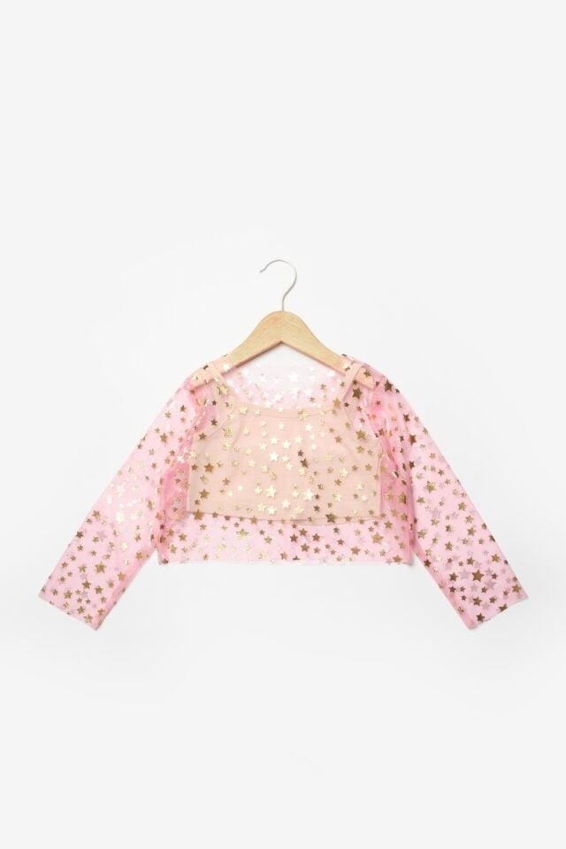 Pembe Yıldızlı Uzun Kollu Tül Crop