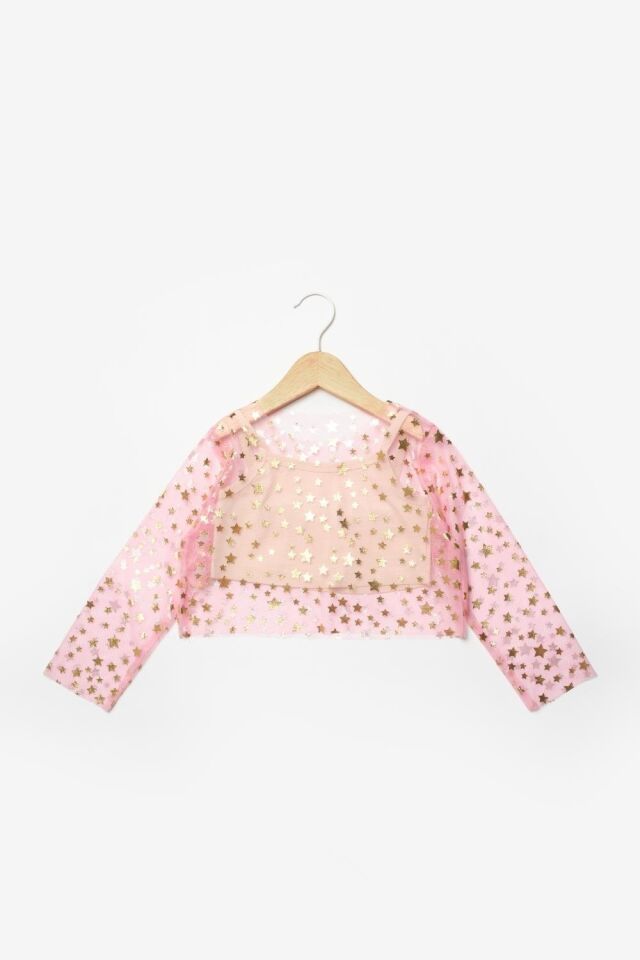 Pembe Yıldızlı Uzun Kollu Tül Crop