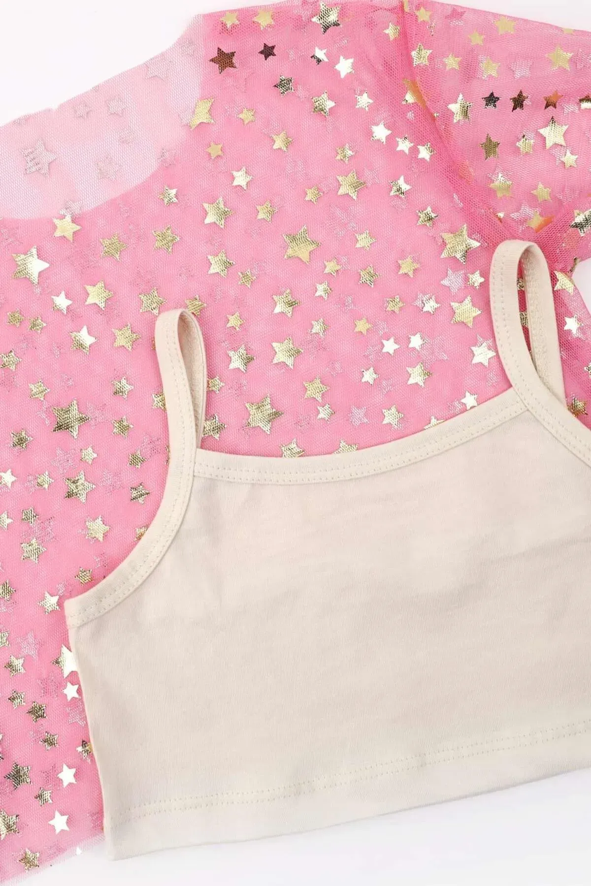 Pembe Yıdız Baskılı Tül Crop