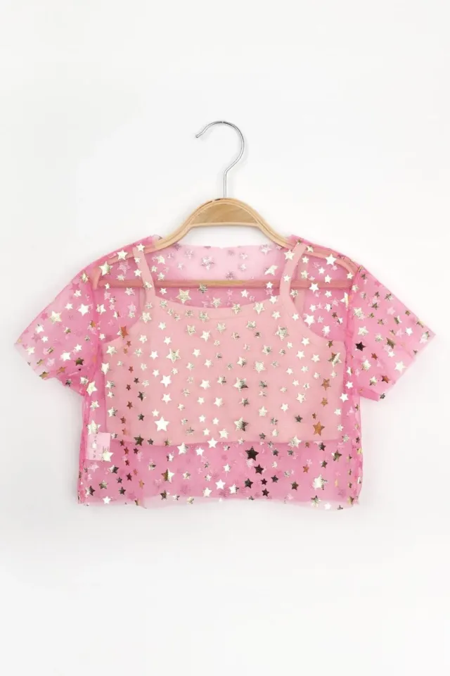 Pembe Yıldız Baskılı Tül Crop
